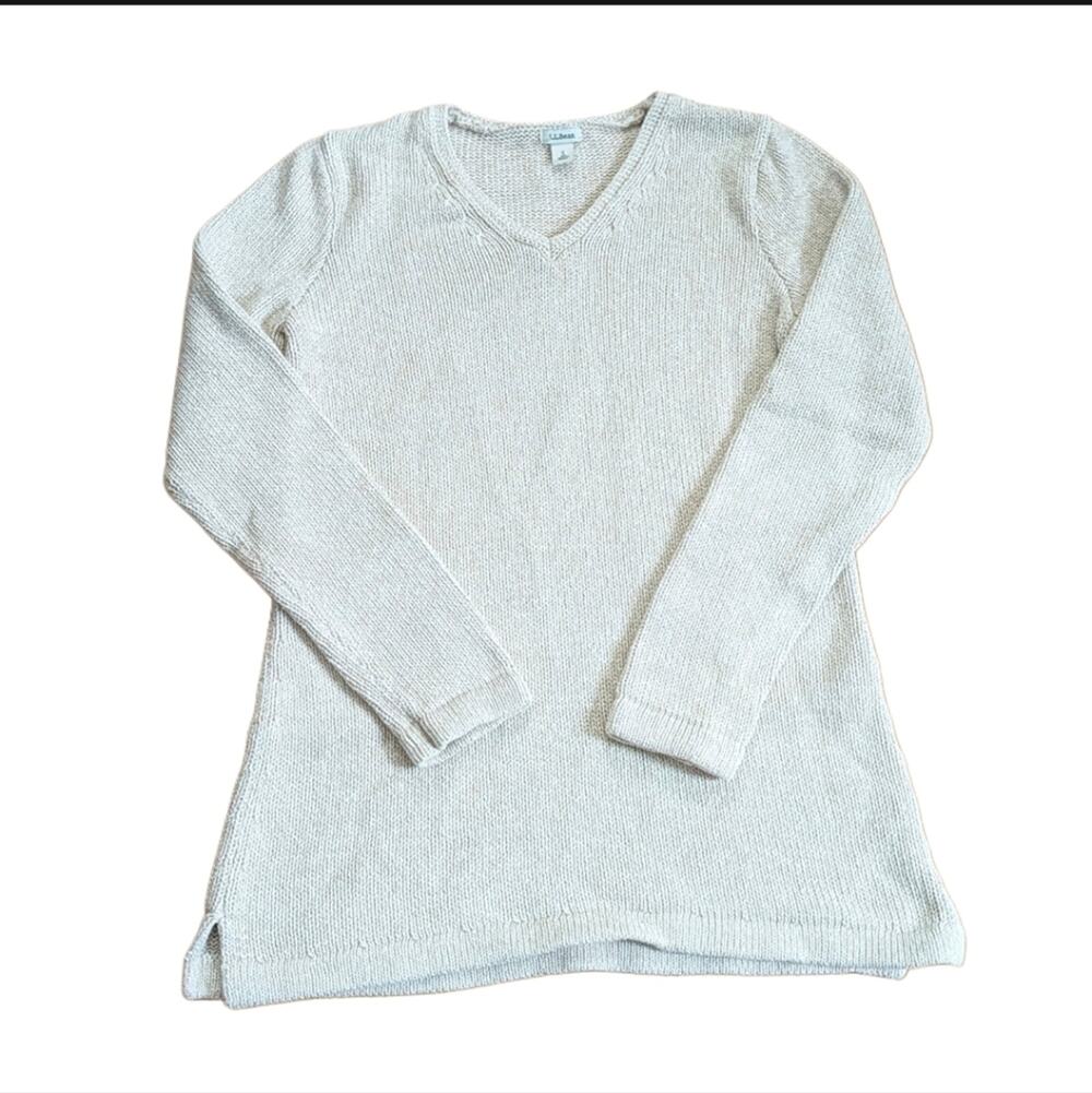 L.L. Bean 100% Cotton Heavyweight Cream Knit Pullover V Neck Sweater Size Small